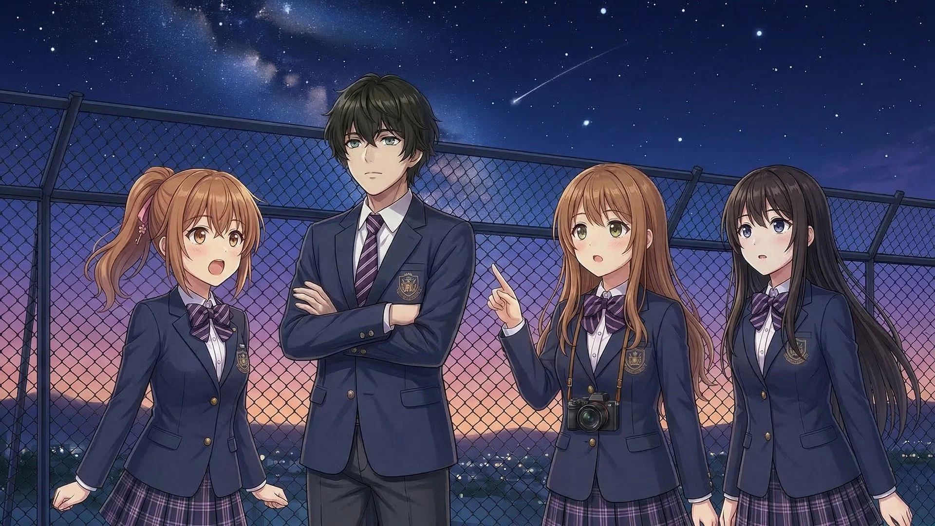 屋上で流れ星を見上げる四人